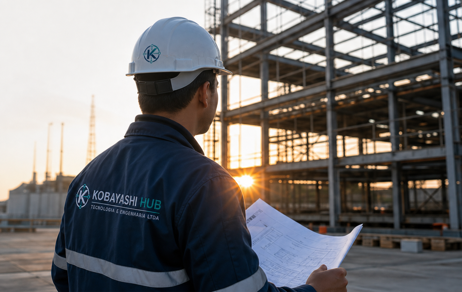 Profissional de engenharia diante de uma estrutura metálica em construção