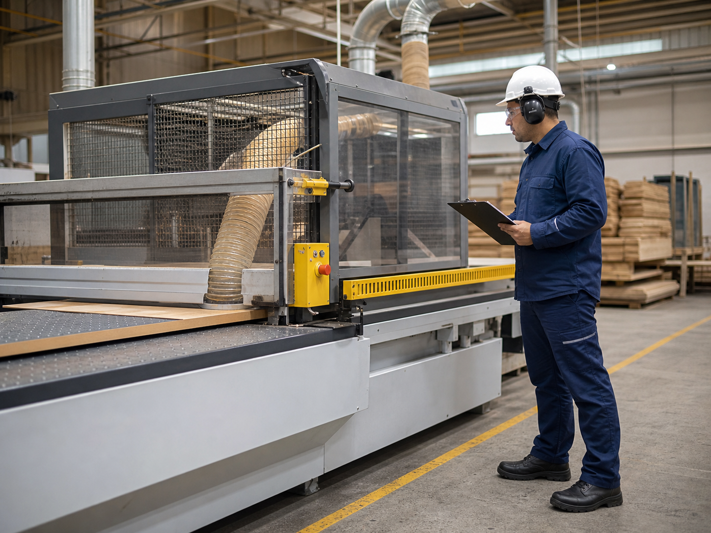Inspeção de segurança em máquina industrial de corte de madeira